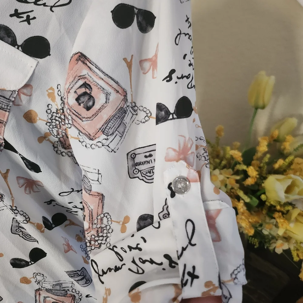 KARL LAGERFELD PARIS Whimsical Signature-Printed Blouse size M NWOT - Picture 5 of 8